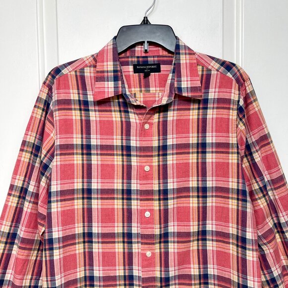 Banana Republic Slim Fit Red Plaid Long-Sleeve Button-Up Shirt‎ 100% Cotton Size - Picture 4 of 10